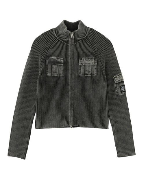 FADED WOVEN MIX ZIP UP KNIT TOP