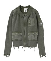 DISTRESSED WOVEN MIX ZIP UP TOP
