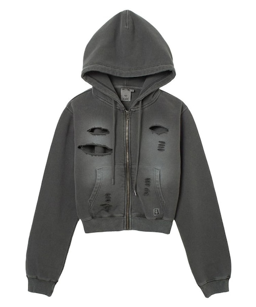 DISTRESSED ZIP UP SWEAT HOODIE