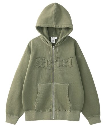 LOGO PATCH PIGMENT DYED ZIP UP SWEAT HOODIE