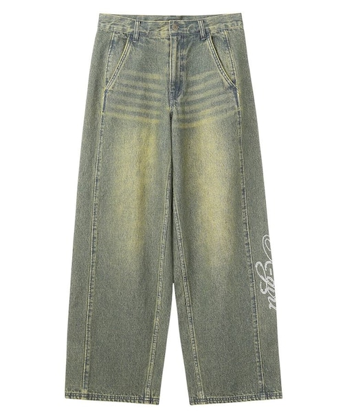RHINESTONE LOGO LOOSE DENIM PANTS