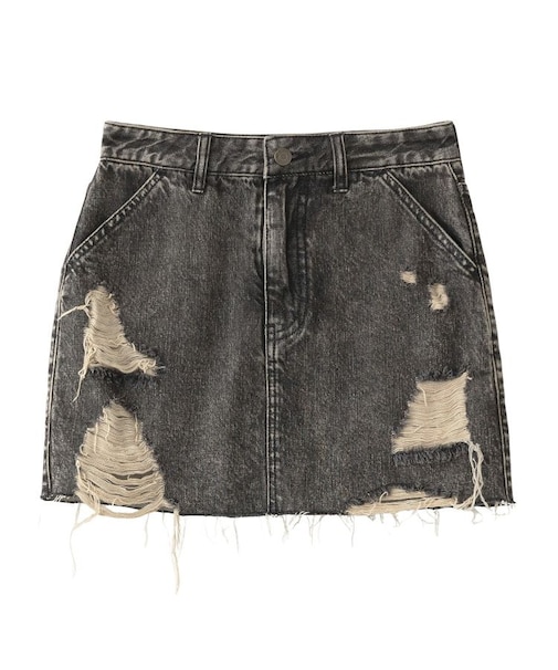 DISTRESSED DENIM MINI SKIRT