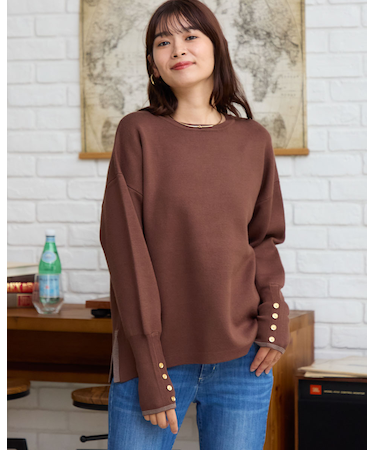 袖口ボーダークルーネックニット