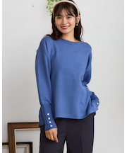 袖口ボーダークルーネックニット