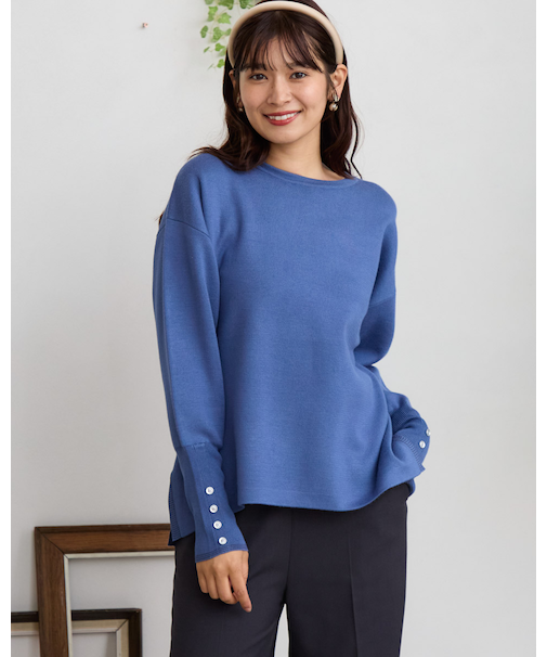 袖口ボーダークルーネックニット