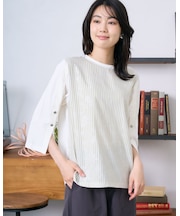 ストライプ袖ボタンTシャツ