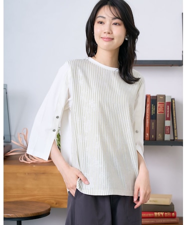 ストライプ袖ボタンTシャツ