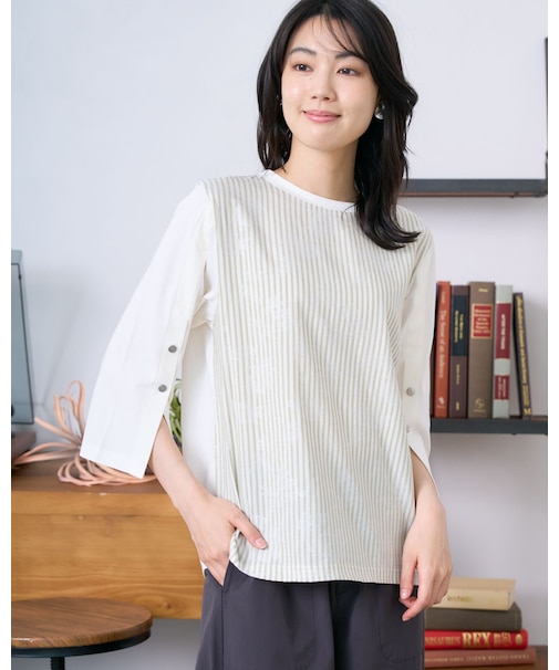 ストライプ袖ボタンTシャツ