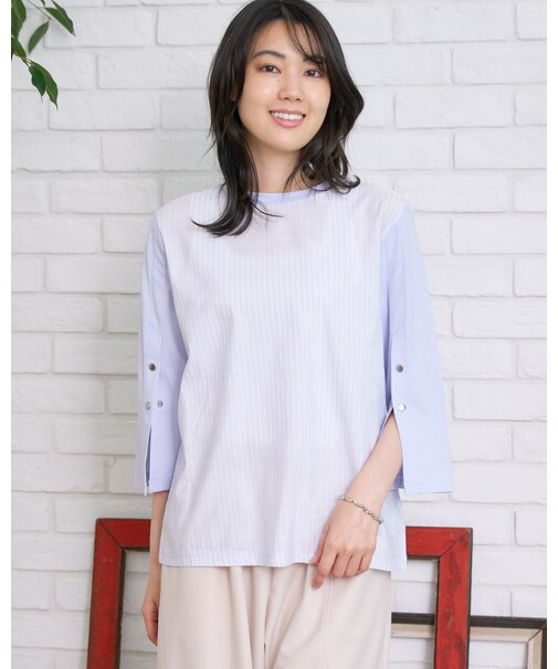 ストライプ袖ボタンTシャツ