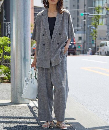 【WEB限定！2点セット】リネンライク半袖ジャケット&ストレートパンツセットアッ