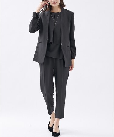 【３点セット/エニデイカセット】ノーカラージャケット＆バックフレアパンツセットア