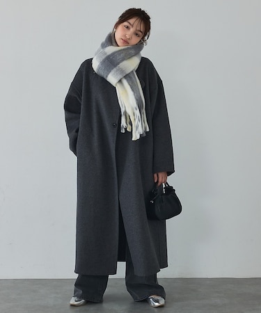 【体型カバー】ノーカラーロングコート