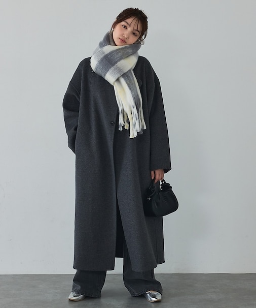 【体型カバー】ノーカラーロングコート