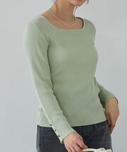 【袖ボタン】スクエアネックリブニット/きれいめ/セミオケ/通勤/春服