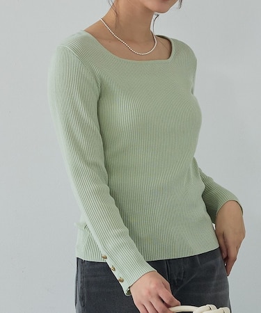 【袖ボタン】スクエアネックリブニット/きれいめ/セミオケ/通勤/春服