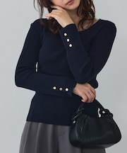 【袖ボタン】スクエアネックリブニット/きれいめ/セミオケ/通勤/春服