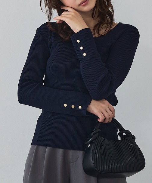 【袖ボタン】スクエアネックリブニット/きれいめ/セミオケ/通勤/春服