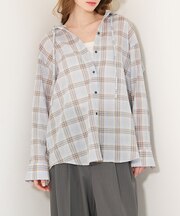 【シアー素材】チェックフードシャツ/春服/夏服/ゆったり/羽織り