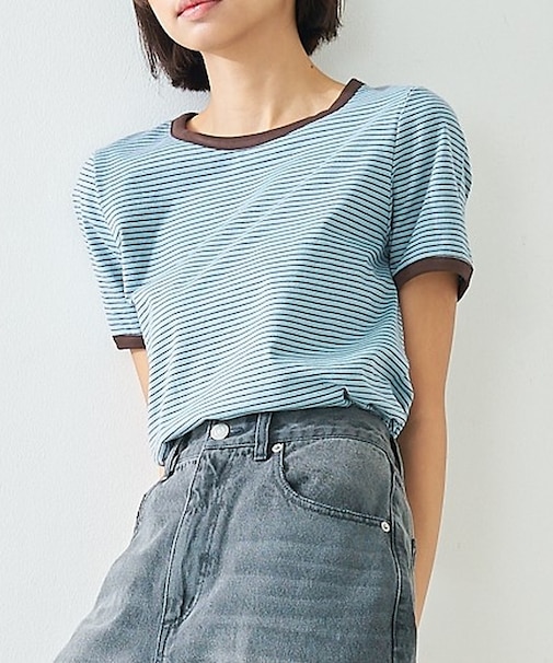 【リンガーT】ボーダーコンパクトTシャツ/夏服/半袖/スタイルアップ