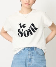 【コットン100％】甘編み天竺フロッキープリントTシャツ/半袖/夏服/ロゴT