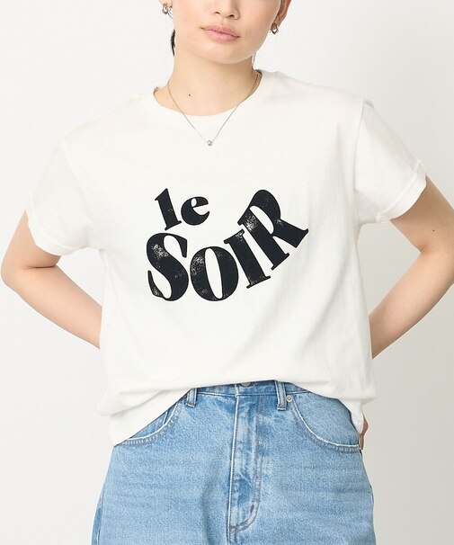 【コットン100％】甘編み天竺フロッキープリントTシャツ/半袖/夏服/ロゴT