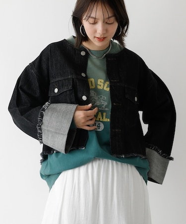 【EDWIN】ロールアップデニムジャケット/春服/Gジャン/ノーカラー/ショート