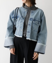 【EDWIN】ロールアップデニムジャケット/春服/Gジャン/ノーカラー/ショート