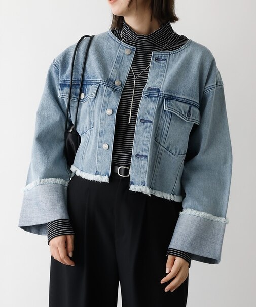 【EDWIN】ロールアップデニムジャケット/春服/Gジャン/ノーカラー/ショート