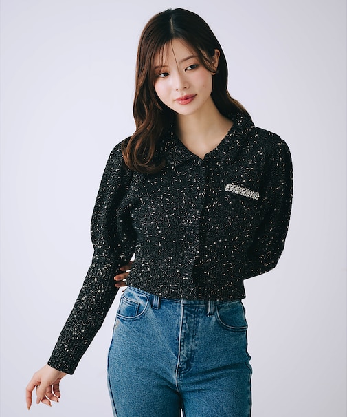 ラメネップニットビジュー付カーディガン