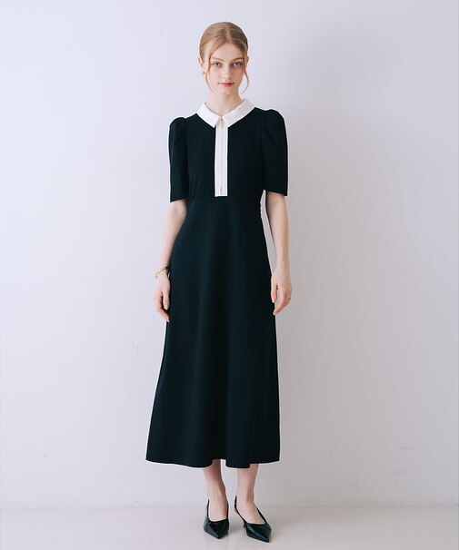 衿配色フロントジップフレアワンピース