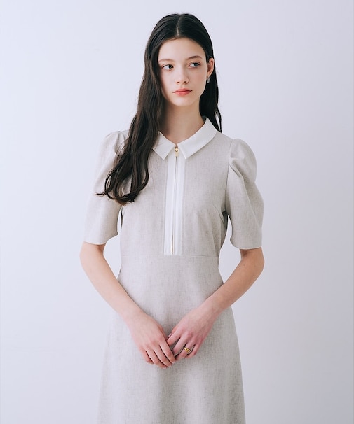 衿配色フロントジップフレアワンピース