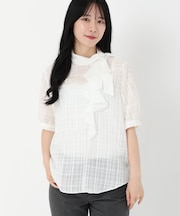 シアーチェックラッフルリボンブラウス