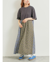 パッチワーク花柄ドッキングワンピース