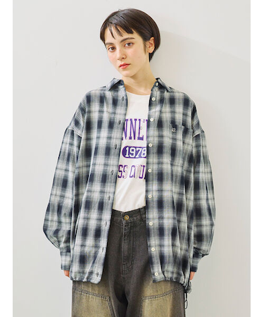 オンブレチェック裾ドロストシャツ