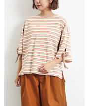 マルチボーダー袖スリットリボンTシャツ