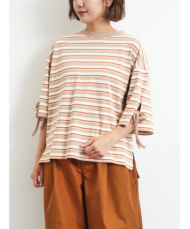 マルチボーダー袖スリットリボンTシャツ