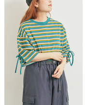 マルチボーダー袖スリットリボンTシャツ