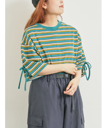 マルチボーダー袖スリットリボンTシャツ