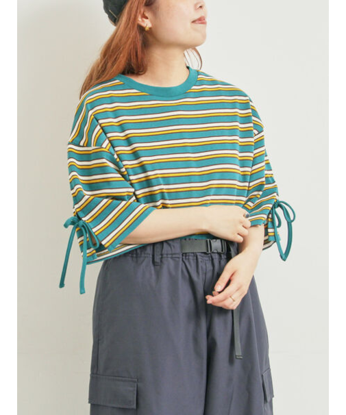 マルチボーダー袖スリットリボンTシャツ