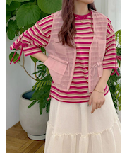 マルチボーダー袖スリットリボンTシャツ