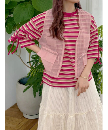 マルチボーダー袖スリットリボンTシャツ