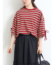 マルチボーダー袖スリットリボンTシャツ