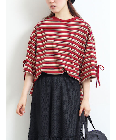 マルチボーダー袖スリットリボンTシャツ