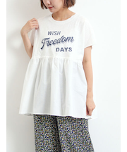 [接触冷感]切替ギャザーロゴプリントフレンチ袖Tシャツ