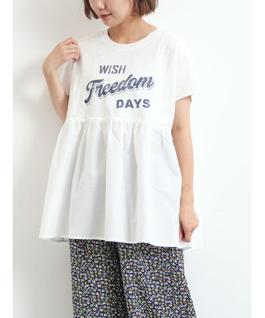 [接触冷感]切替ギャザーロゴプリントフレンチ袖Tシャツ