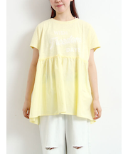 [接触冷感]切替ギャザーロゴプリントフレンチ袖Tシャツ