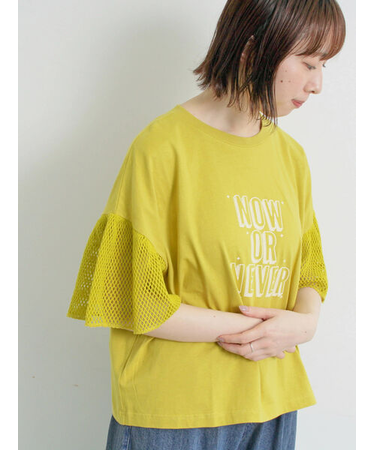 [接触冷感]袖メッシュプリントTシャツ