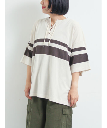 [接触冷感]編み上げラインTシャツ