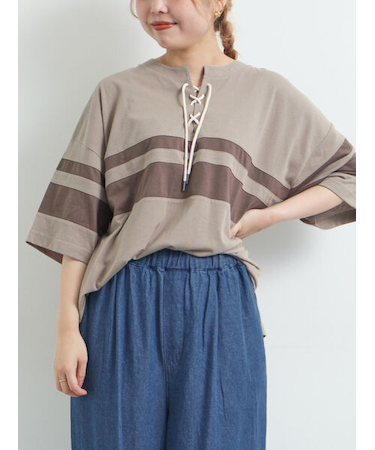 [接触冷感]編み上げラインTシャツ