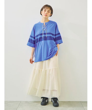 [接触冷感]編み上げラインTシャツ